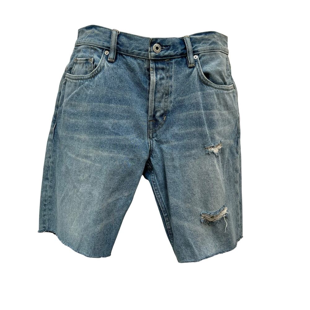 AllSaints Men’s W32 Distressed Denim Shorts Blue Raw Hem Cutoff Jean Shorts